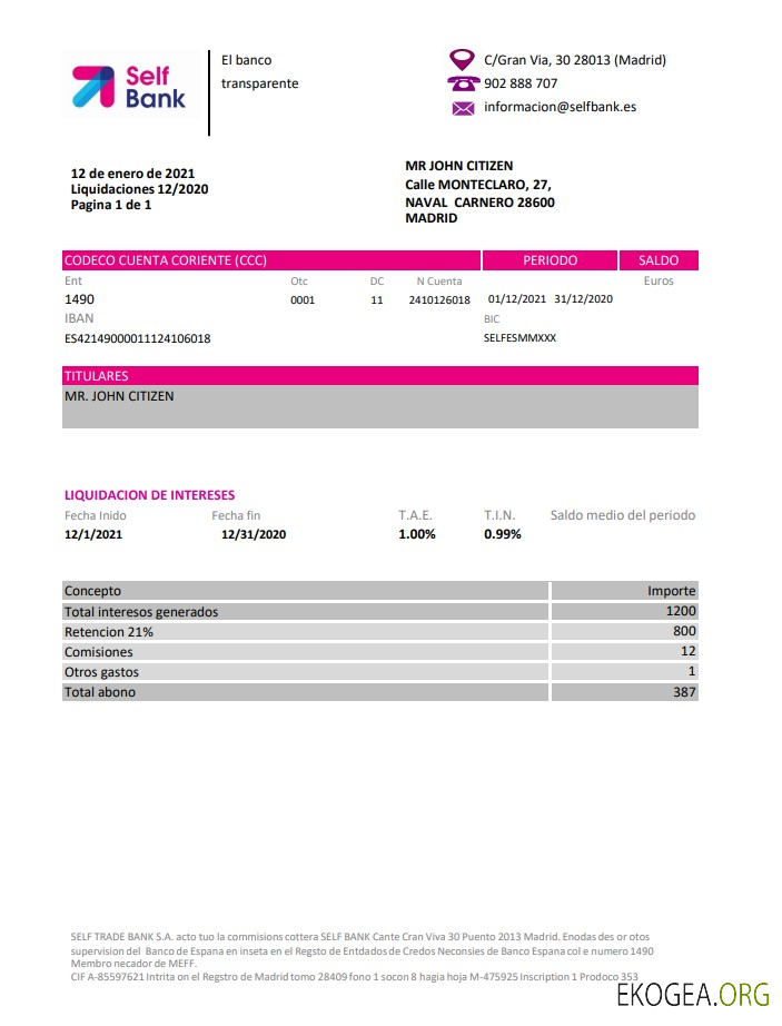 Espagne Self Bank excel pdf